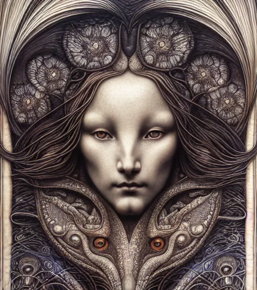 Image similar to detailed realistic beautiful fox goddess face portrait by jean delville, gustave dore, iris van herpen and marco mazzoni, art forms of nature by ernst haeckel, art nouveau, symbolist, visionary, gothic, neo - gothic, pre - raphaelite, fractal lace, intricate alien botanicals, ai biodiversity, surreality, hyperdetailed ultrasharp octane render