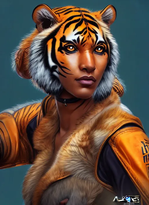 Image similar to The Tiger Queen as an Apex Legends character digital illustration portrait design by, Mark Brooks detailed, soft lighting