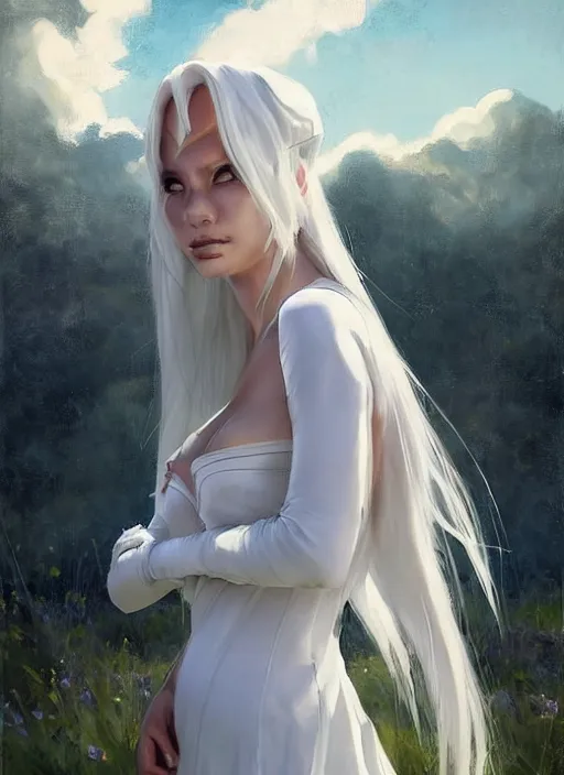 Image similar to portrait of Syndra from League of Legends in white dress, countryside, calm, fantasy character portrait, dynamic pose, above view, sunny day, thunder clouds in the sky, artwork by Jeremy Lipkin and Giuseppe Dangelico Pino and Michael Garmash and Rob Rey, very coherent asymmetrical artwork, sharp edges, perfect face, simple form, 100mm