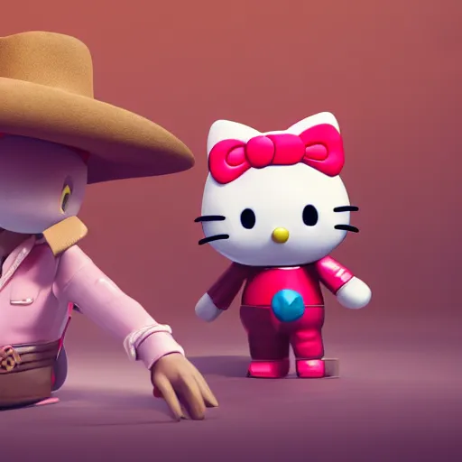 Prompt: Hello Kitty as cowboy, figurine, blender, octane render, 8K, studio lighting, detalied, CGSociety,