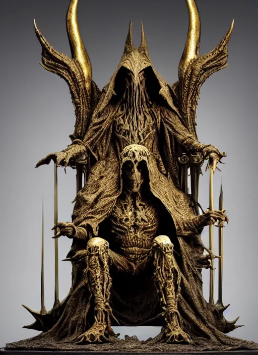 Prompt: photo taken of an epic intricate, ultra detailed, super realistic sculpture of a hooded satanic figure sitting on a nightmarish throne, sculpture on display, created by weta workshop, photorealistic, sharp focus, f 0. 4, face centred, golden ratio