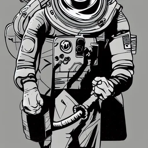 Image similar to character concept art, stylized art, astronaut, sci - fi!!!!, pen and ink illustration, mike mignola, trending on artstation