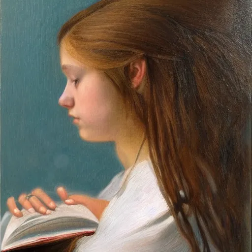 Image similar to a girl reading a book, her hair flowing down, subtle, intricate details, real masterpiece, oil on canvas, by john smith