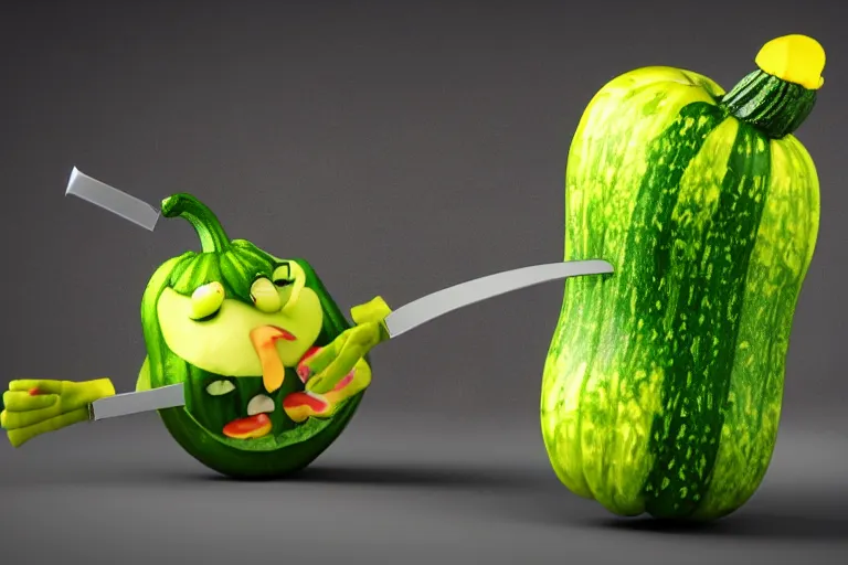 Image similar to detailed 3 d render of a mad zucchini with a long sword chasing after a panicking tomato, hyper realistic octane render, dramatic lighting, high speed chase, wide angle, nightmare, adult pixar surrealism