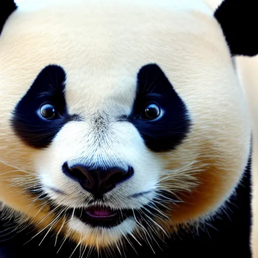 Prompt: an animal, with cat body and panda face, photo taken by nikon, sharp focus, highly detailed