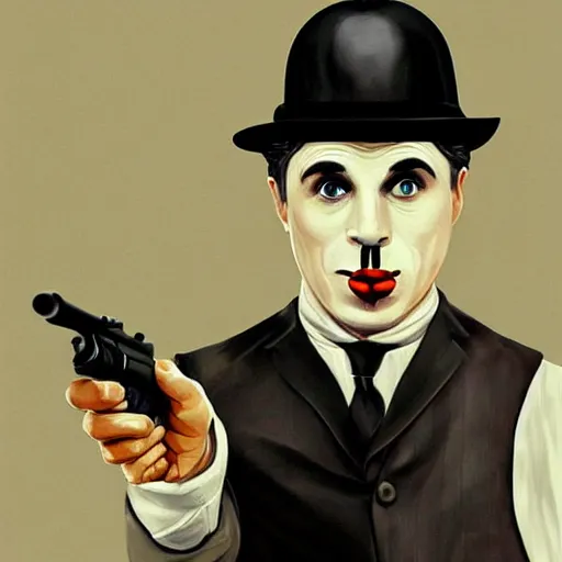 Prompt: Charlie Chaplin in GTA V, cover art by Stephen Bliss, artstation