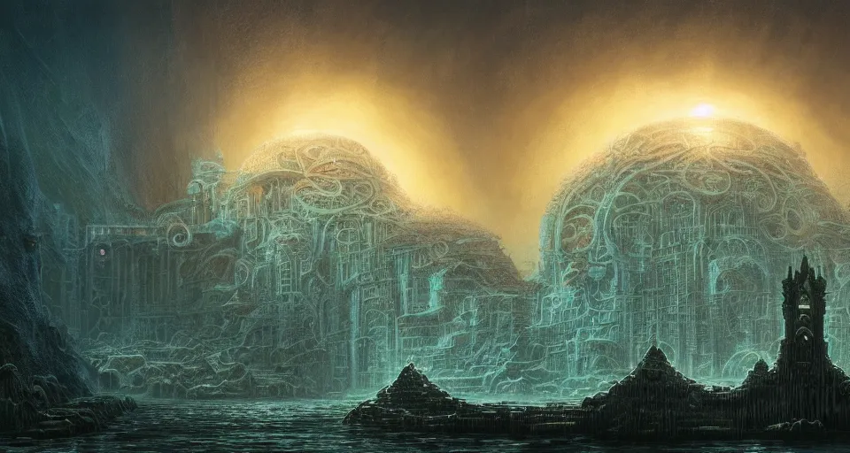 Image similar to atlantide, the lost underwater city, cthulhu, intricate, elegant, glowing lights, highly detailed, digital painting, artstation, concept art, smooth, sharp focus, illustration, loneliness, great space, zdzisław beksinski, 8 k, very high resolution, astrophotography, processing, extremely hyperdetailed