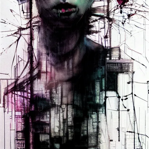 Prompt: a dark cyberpunk dream of wires broken skulls skin cybernetic machines and decay moody hyperrealism 8 k photo atmospheric by jeremy mann francis bacon and agnes cecile ink drips paint smears digita glitches glitchart