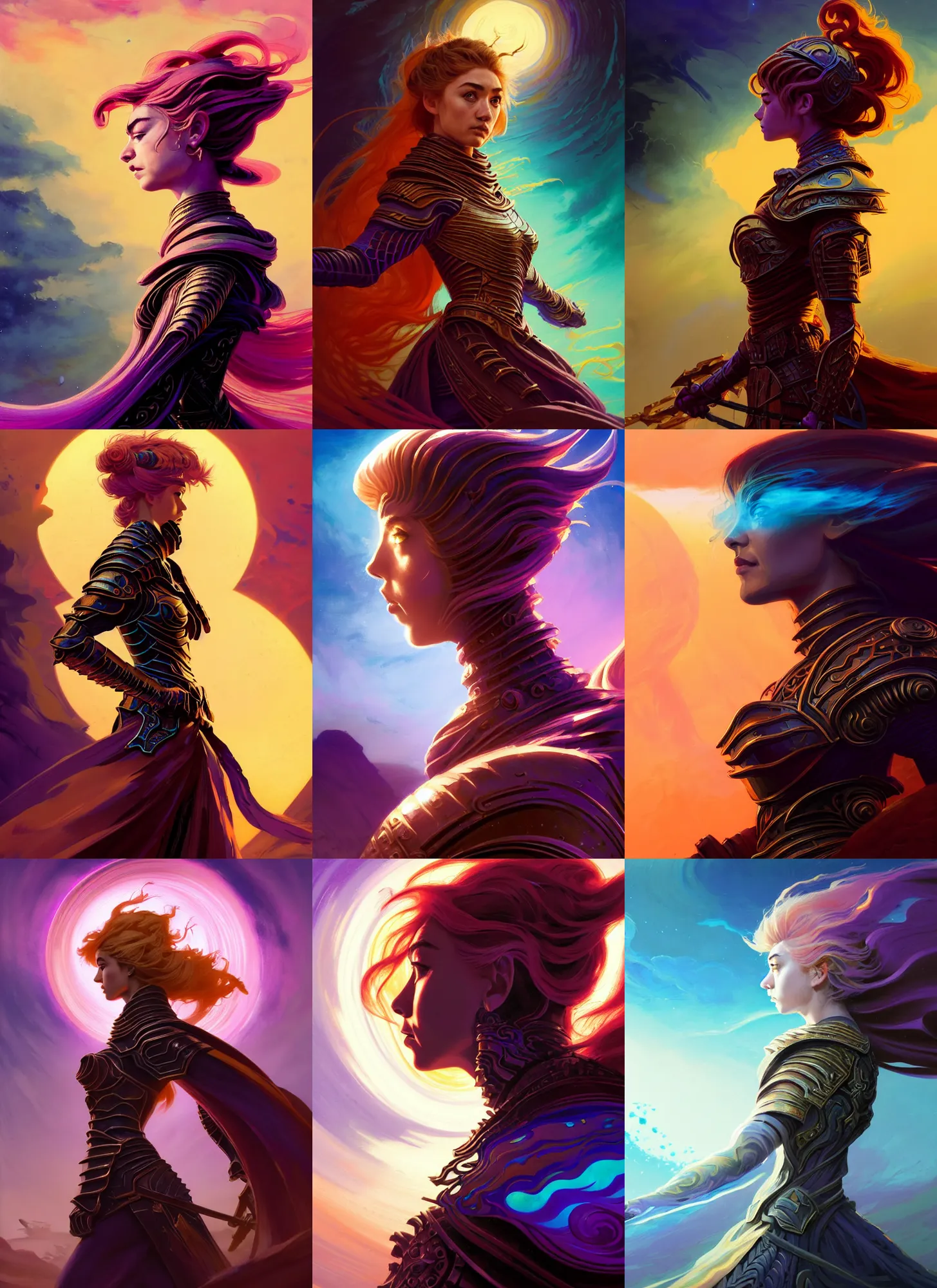 Prompt: side portrait, imogen poots, paladin, gloomhaven, dune, fantasy armor, colorful swirly ripples, gaudy colors, anime, luminescent, organic matte painting, by greg manchess, huang guangjian, greg rutkowski, jesper ejsing, magali villeneuve, artgerm, ilya kuvshinov