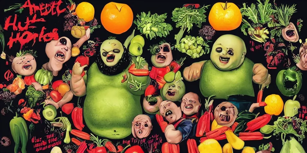 Image similar to a horror movie poster featuring huge fat people eating fruits and vegetables