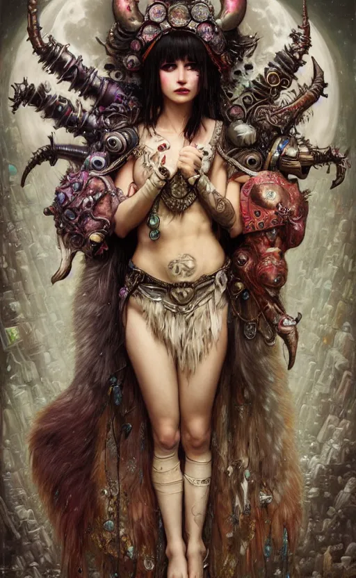 Prompt: hyper realistic Princess Mononoke, ornate mask magic, wet market street, cyberpunk metropolis, city landscape, jewels, full body pose, full moon, style of tom bagshaw, mucha, james gurney, norman rockwell, denoised, sharp