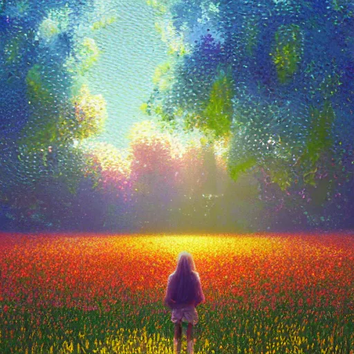 Image similar to girl made of flowers, standing in a flower field, big trees, sunrise dramatic light, impressionist painting, colorful clouds, digital painting, pointillism, artstation, simon stalenhag