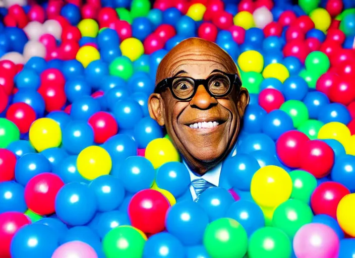 Image similar to photo still of al roker in a ball pit!!!!!!!! at age 4 6 years old 4 6 years of age!!!!!!!! hiding from parents, 8 k, 8 5 mm f 1. 8, studio lighting, rim light, right side key light