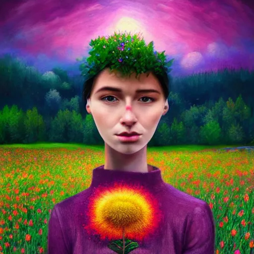 Image similar to girl with a gargantuan flower as a face, surreal photography, dream, standing in flower field, hills, big trees, sunrise dramatic light, impressionist painting, colorful clouds, digital painting, pointillism, artstation, simon stalenhag, flower face