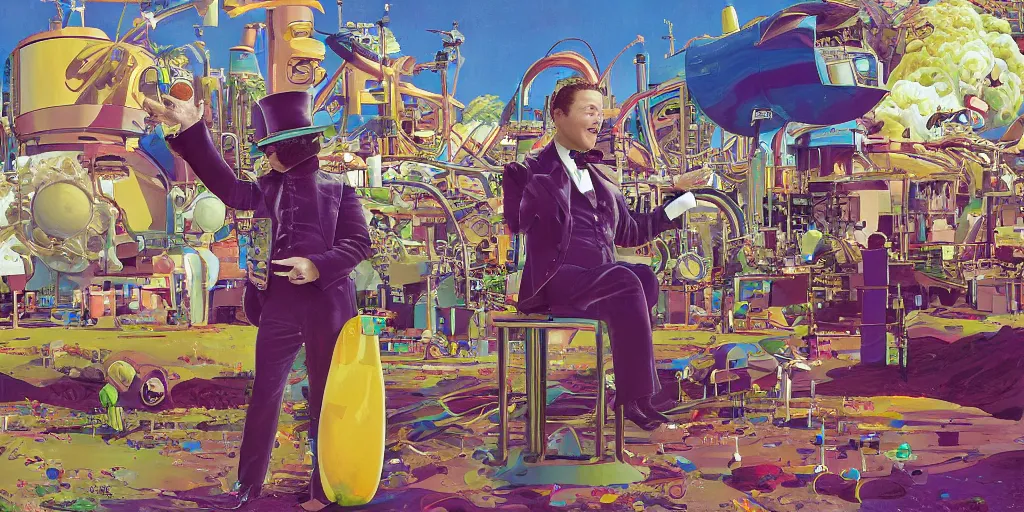 Image similar to Elon Musk as Willy Wonka, created by Scott Listfield