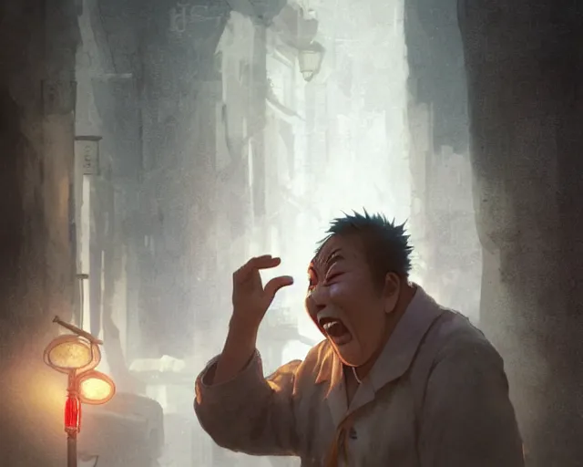 Prompt: a 50 year old brunnete happy chinese man with puffy cheeks bursting in tears on the floor, close up shot, anime art, Greg Rutkowski, studio ghibli, dramatic lighting