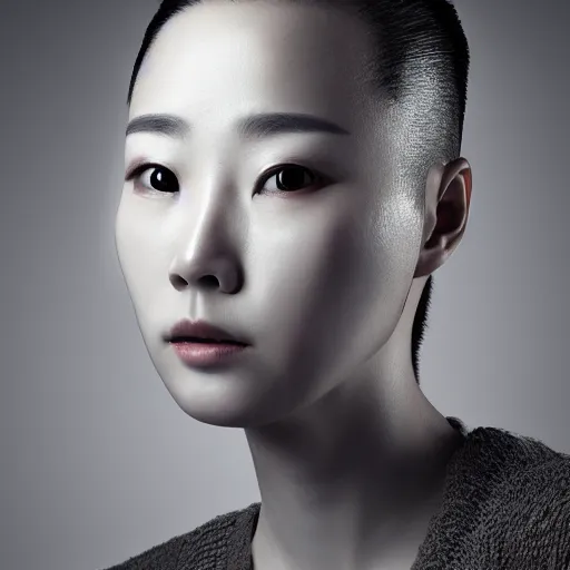 Image similar to photograph portrait bald korean japanese goddess of beauty neutral expression face straight on headshot even lighting no hair