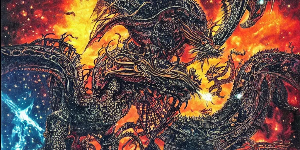 Prompt: an alien dragon flying through outer space, epic nebula, style of philippe druillet art