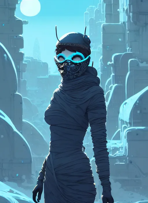 Prompt: highly detailed portrait of wasteland long curly white ice shard hair ninja mask curvy physique lady, stray wiring by atey ghailan, james gilleard, by joe fenton, by greg rutkowski, by greg tocchini, by kaethe butcher, 4 k resolution, gradient blue, cyan, black and white color scheme!!! ( ( snowy glaciated robotic dystopian city background ) )