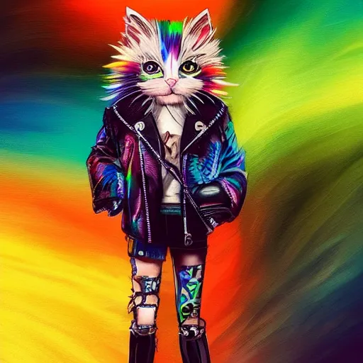 Image similar to wide angle full body, jacket wearing fluffy cute rainbow kitten wearing a black leather motorcycle jacket, cinematic concept art