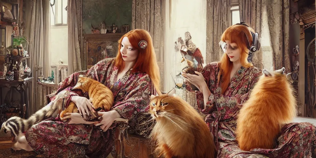 Image similar to a stunning hyper-detailed photorealistic painting of a slender beautiful smiling woman with long ginger hair and bangs, wearing a luxurious silk robe, wearing headphones and posing with her large ginger tabby cat and her raccoon and parrots in an overstuffed easy chair in her sunlit victorian living room, holding a porcelain parrot-shaped coffee mug and a donut, perfect eyes, fashion photography, cinematic lighting, octane render, IBEX Mastesr, unreal engine, 85 mm lens,