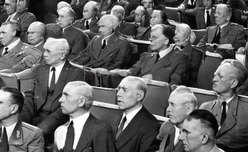 Image similar to 50s movie still of very diverse soviet generals head with very detailed faces in a stalinist parlement, by Alexei Guerman, Cinestill 800t 35mm black and white, heavy grainy picture, very detailed, high quality, 4k, HD criterion, precise texture, high quality face diversity, high quality haircut diversity, high quality age diversity