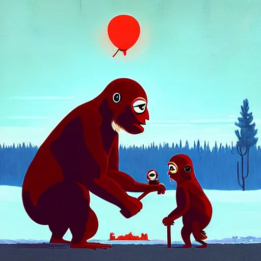 Prompt: ape teaching pepe by simon stalenhag