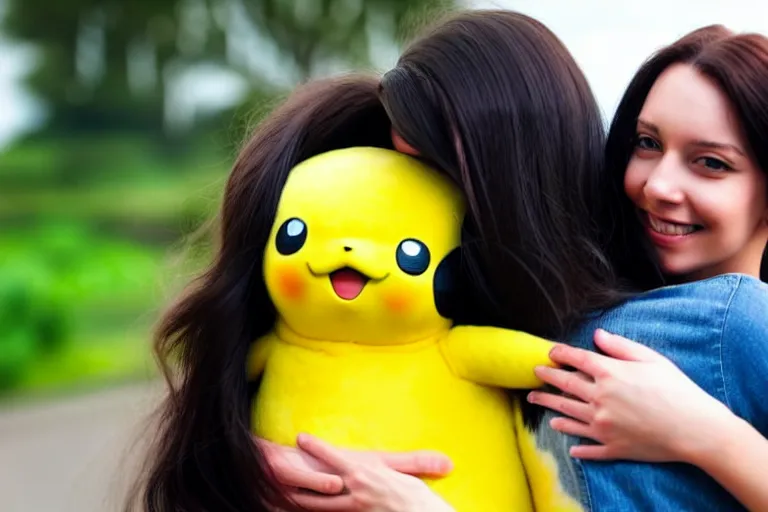 Image similar to a young skinny woman with long dark hair hugging a pikachu