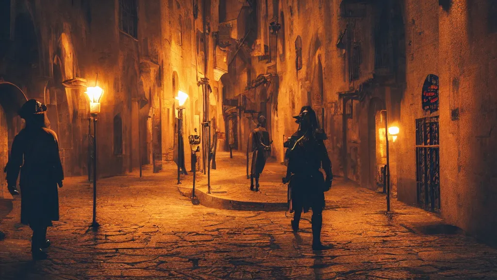 Prompt: A dark creature walks through a medieval city, torches, vibrant colors, medieval