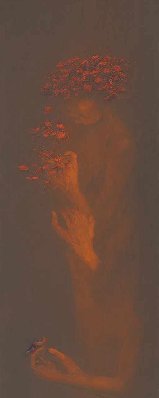 Prompt: dark figure tending to a beautiful dried flower in a dark room, zdzislaw beksinski, arthur rachham, stephen gamell, 8 k, artstation, interior