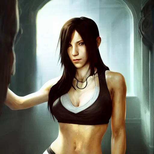 Image similar to Tifa Lockhart portrait, atmospheric lighting, painted, intricate, volumetric lighting, beautiful, golden hour, sharp focus, ultra detailed, by Leesha Hannigan, Ross Tran, Thierry Doizon, Kai Carpenter,Ignacio Fernández Ríos