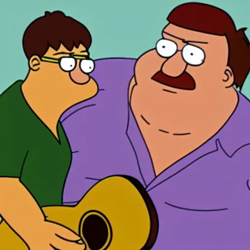 Image similar to bert jansch playing guitar next to peter griffin in family guy