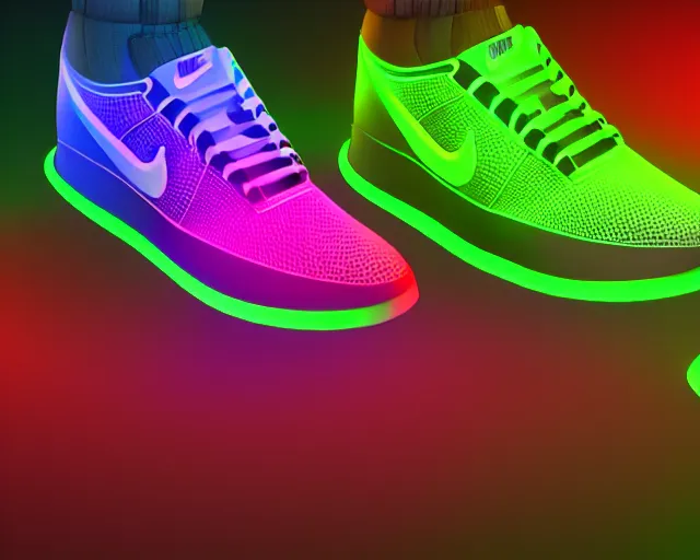 Image similar to 3D render of nike sneakers with neon lights from below, futuristic style, creative design, highly detailed, award winning, unreal engine 5, studio lighting, neon background