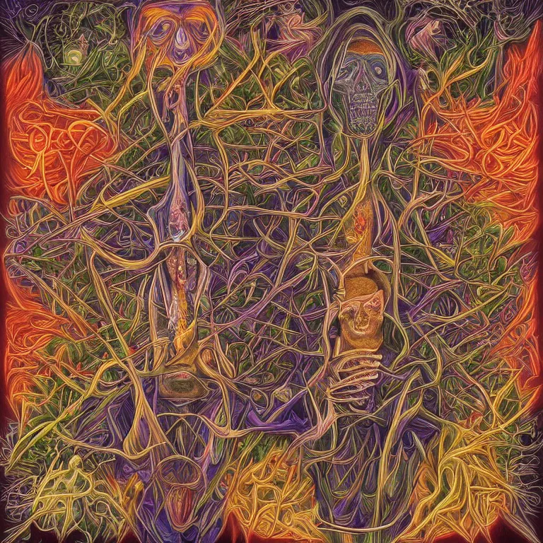 Image similar to expression of mind-matter interaction through death by Alex Grey and M. C. Escher collaboration, digital painting, Groundcore