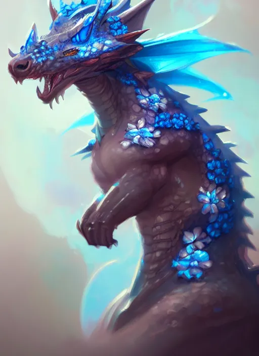 Image similar to cute little dragon,, black gold light blue, flowers diamonds, highly detailed, artgerm, cushart krenz, artstation, soft light, sharp focus, illustration, character design, concept art