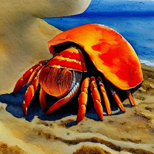 Prompt: a beautiful painting of three red hermit crab on sandy beach, watercolor, american romanticism