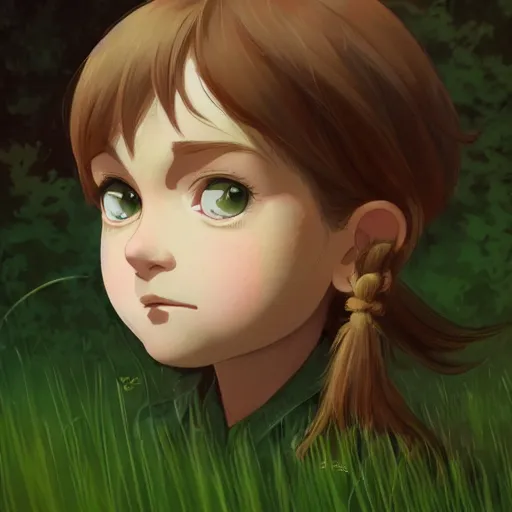 Prompt: portrait of a child with brown wavy pigtails and green eyes, forest background, highly detailed, digital painting, artstation, matte, by makoto shinkai, animation style, studio ghibli, anime key visual