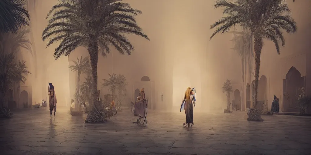 Prompt: sandstorm in marrakech, palm trees, moroccan mosque, wlop, james jean, tom bagshaw, rococo, trending on artstation, fantasy, intricate, elegant, highly detailed, digital painting, concept art, smooth, illustration, cinematic lighting, hyper realism, octane render, 8 k, hyper detailed.