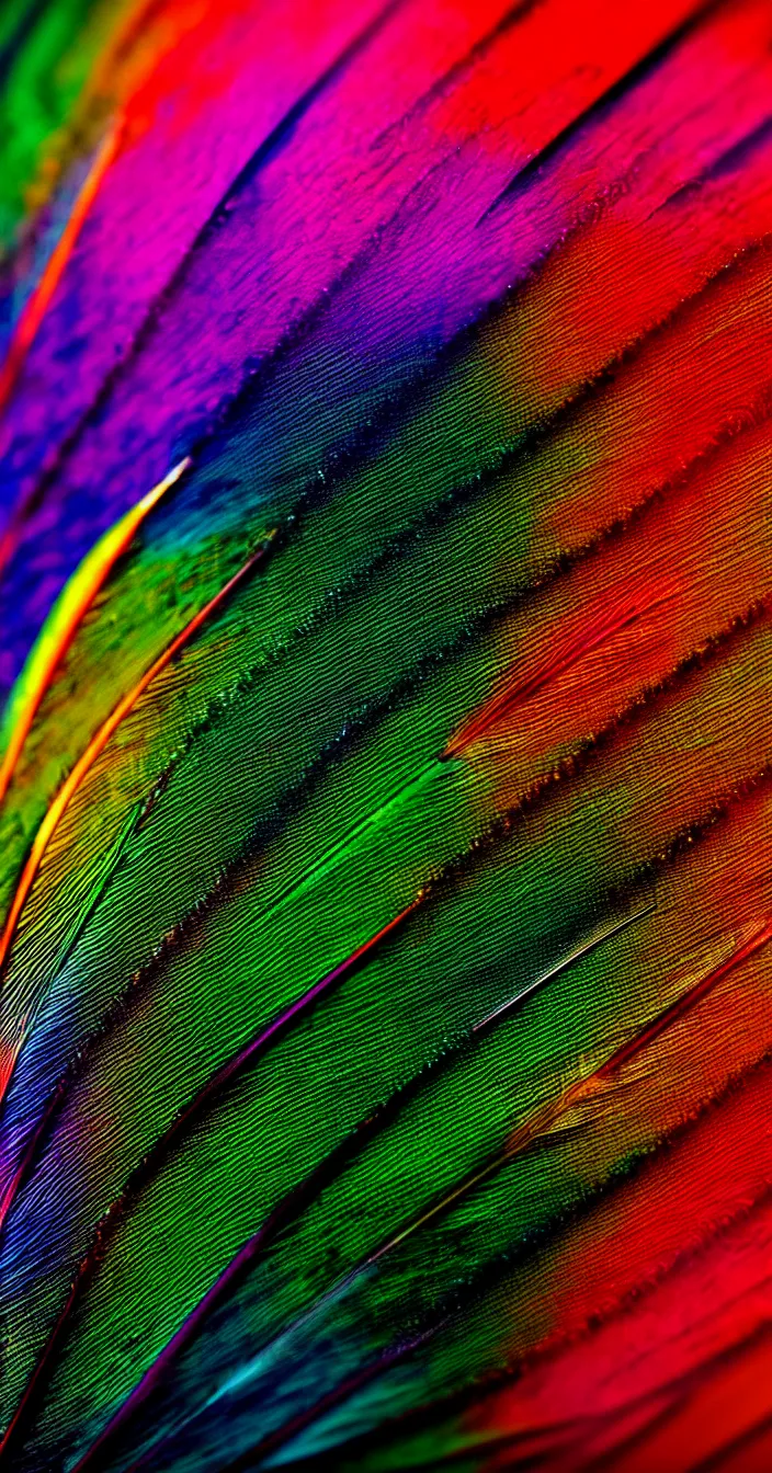 Prompt: realistic photo of colorful one big feather, minimal with one feather in center, highly textured, dark smooth background, very sharp focus, 3 d octane render, in the style of greg rutswoski, very hyper realistic, highly detailed, fantasy art station