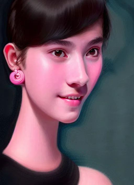 Image similar to portrait of teenage girl, narrow face, black hair, bangs, half updo hairstyle, skinny, smile, unattractive, defined jawline, big chin, wearing pink hair bow, earrings, intricate, elegant, glowing lights, highly detailed, digital painting, artstation, sharp focus, illustration, art by wlop, mars ravelo and greg rutkowski