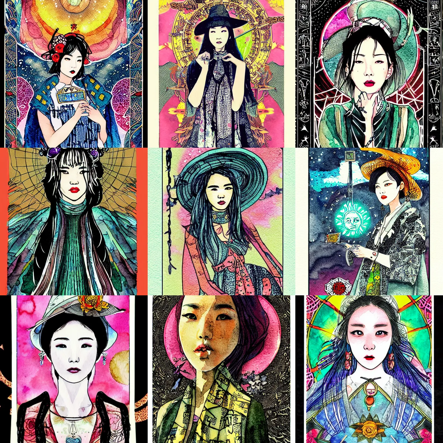 Prompt: korean women's fashion machine witch tarot card, intricate watercolor solarpunk portrait by tim doyle