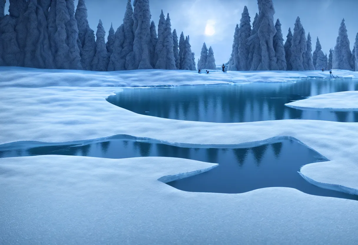 Image similar to inside of flowing frozen lake winter landscape of human mind and imagination, matte painting, beautiful render, octane render, concept art