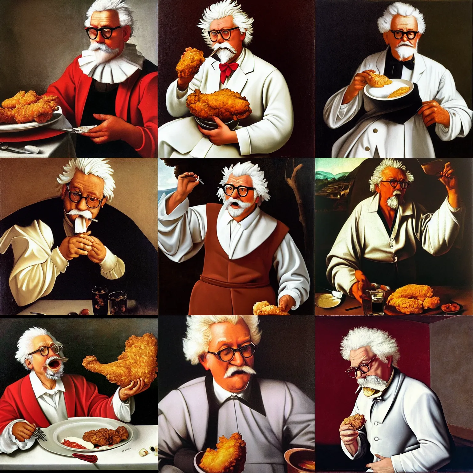 Prompt: colonel sanders eating fried chicken. painted by caravaggio