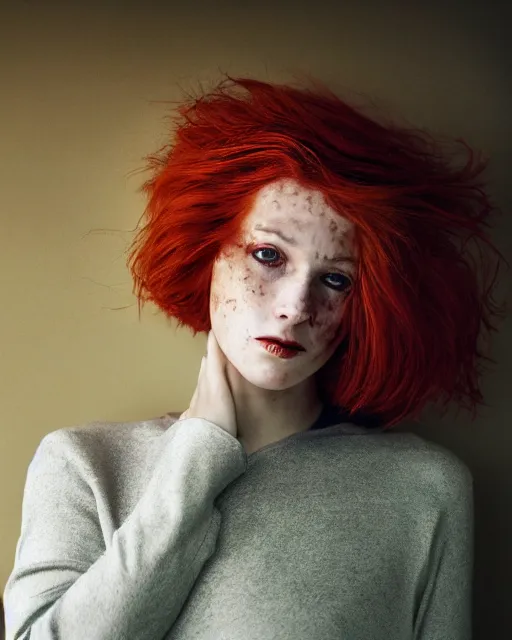 Prompt: Close-up portrait of a woman , close-up, high sharpness, zeiss lens, fashion photo shoot, flowers, red hair, freckles, Annie Leibovitz and Steve McCurry, David Lazar, Jimmy Nelsson, artistic, hyper-realistic, beautiful face, octane rendering