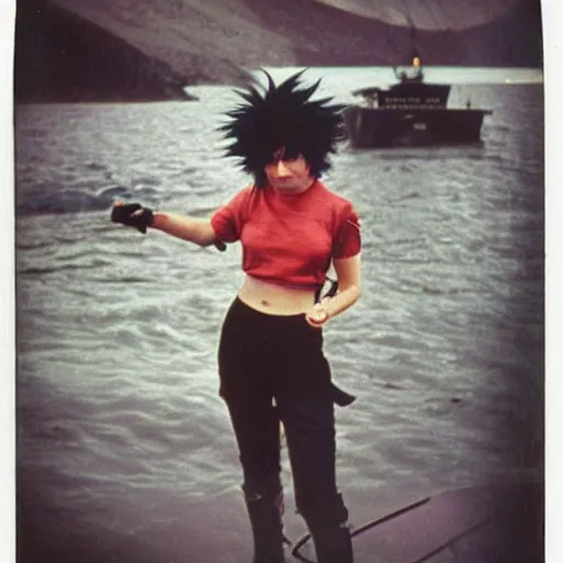 Prompt: black - haired girl with wild spiky black saiyan hair with long bangs over her eyes, hair covering eyes, wearing chrome chestplate armor, standing on an alaskan fishing vessel, 1 9 6 5, polaroid, kodachrome, grainy photograph