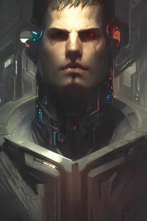 Image similar to cyberpunk man with face tech, dim ambient lighting, dark shadows, highly detailed, digital painting, artstation, concept art, sharp focus, illustration, art by artgerm and greg rutkowski and alphonse mucha