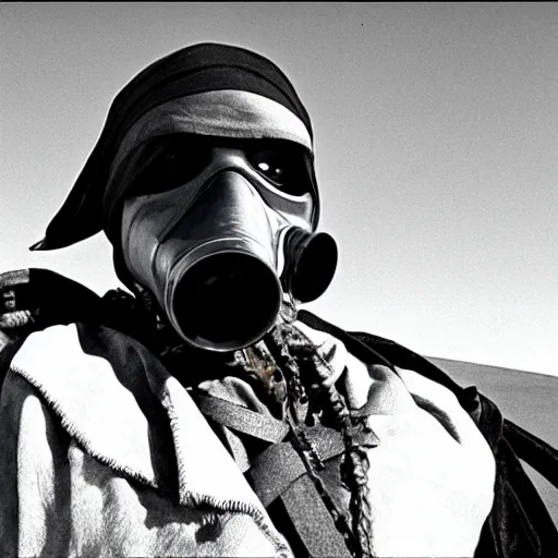 Image similar to a pirate wearing a gasmask, in the desert, film still, arriflex 3 5
