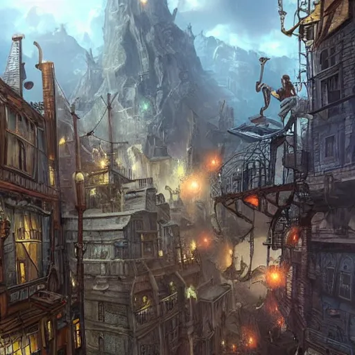 Prompt: Thieves using grappling hooks to climb a steampunk city, epic fantasy art style HD