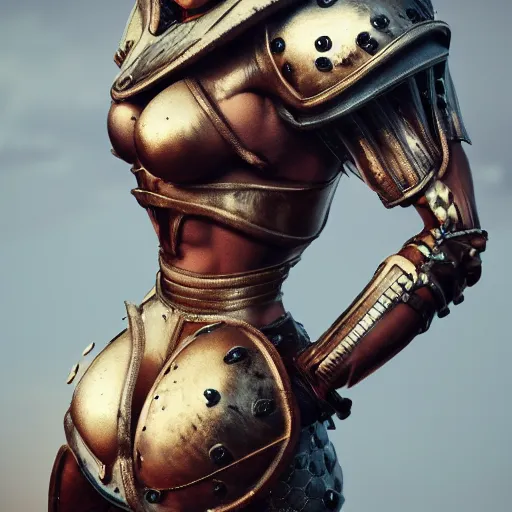 Image similar to muscular woman warrior wearing rusty medieval armor, covered in armor, digital art, octane render, trending on artstation
