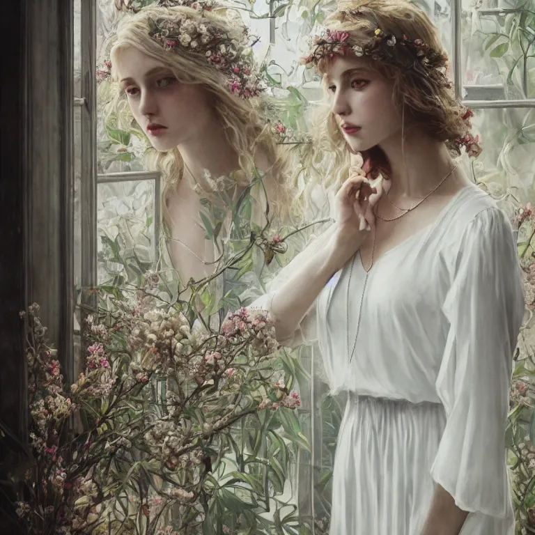 Image similar to a blonde girl in white dress in beautiful window, necklace with a fruit seed ornament, ocean eyes, light freckles, incense smoke and flowers in the background, portrait, mucha, conceptart, medium shot, unreal, octane, symmetrical, photorealism.